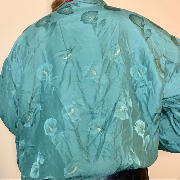 VTG 90’s 100% SILK Teal Blue Floral Bomber Jacket - Picture 3 of 8